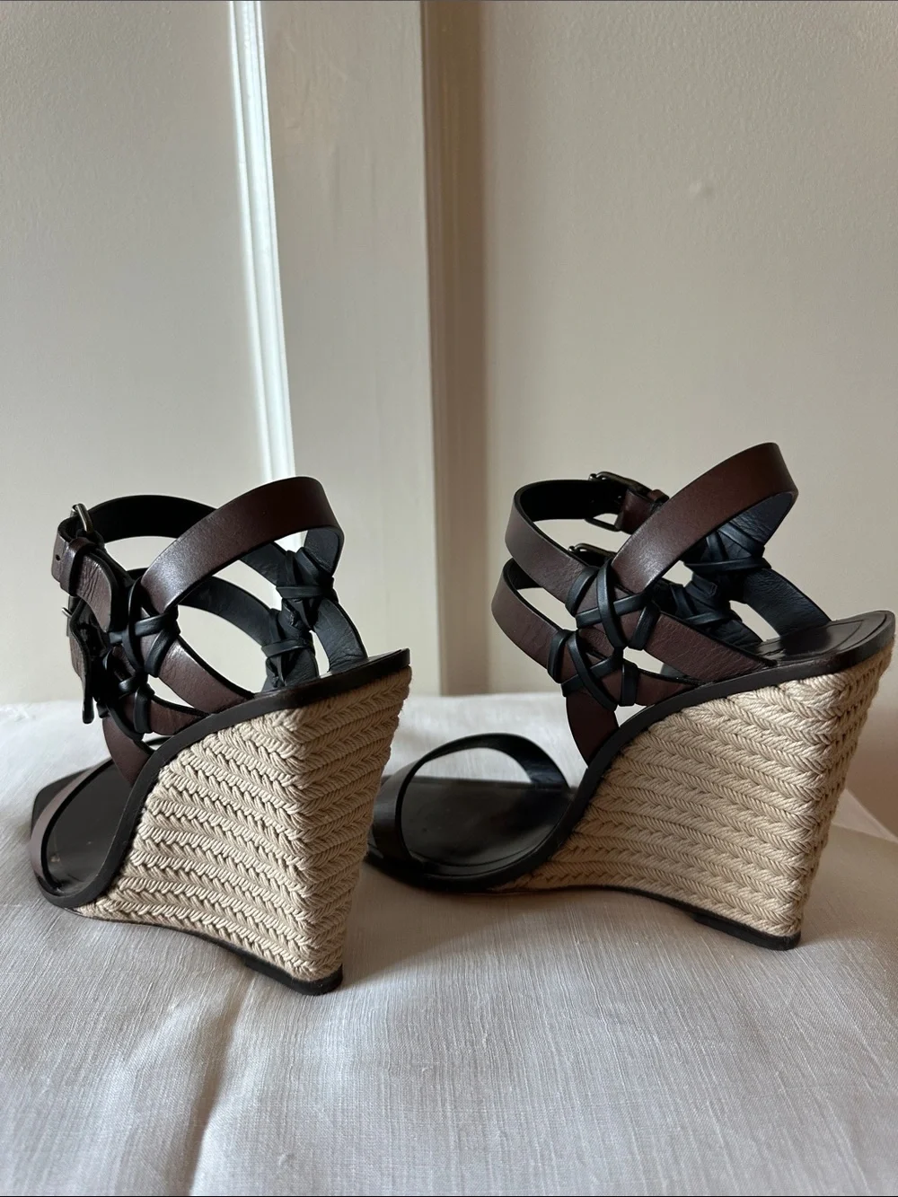 Saint Laurent Brown Leather Wedge Sandals with Espadrille Heel